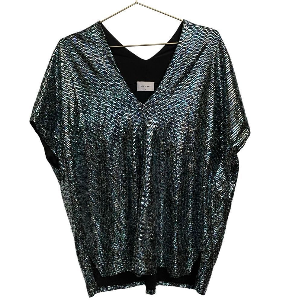 ADRIENNE Bat Wing V‎ Neck Glitter Sequin Top Blouse Size L